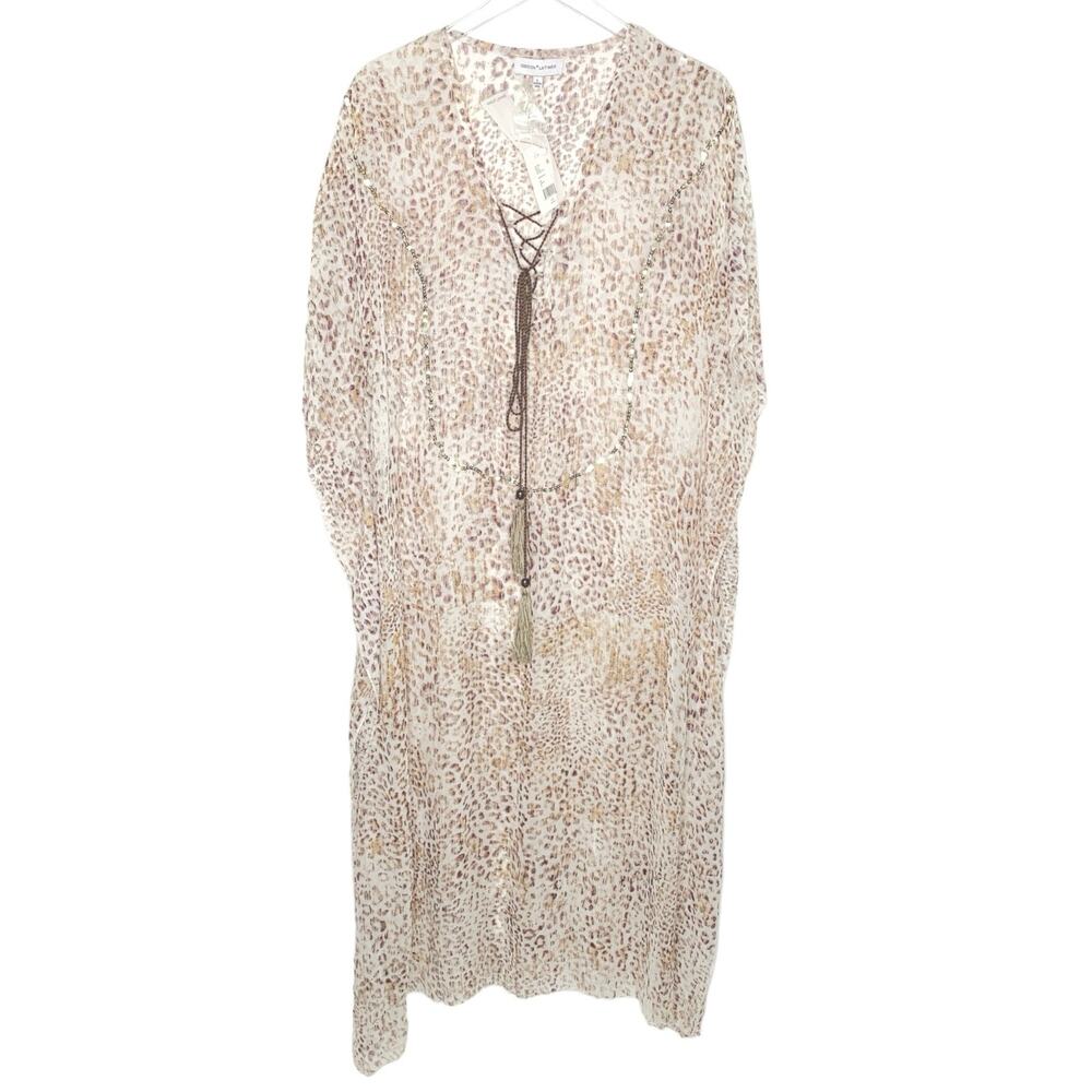 Gibson Latimer L NEW Brown Leopard Swim Cover Up Dress Sheer Resort Kaftan